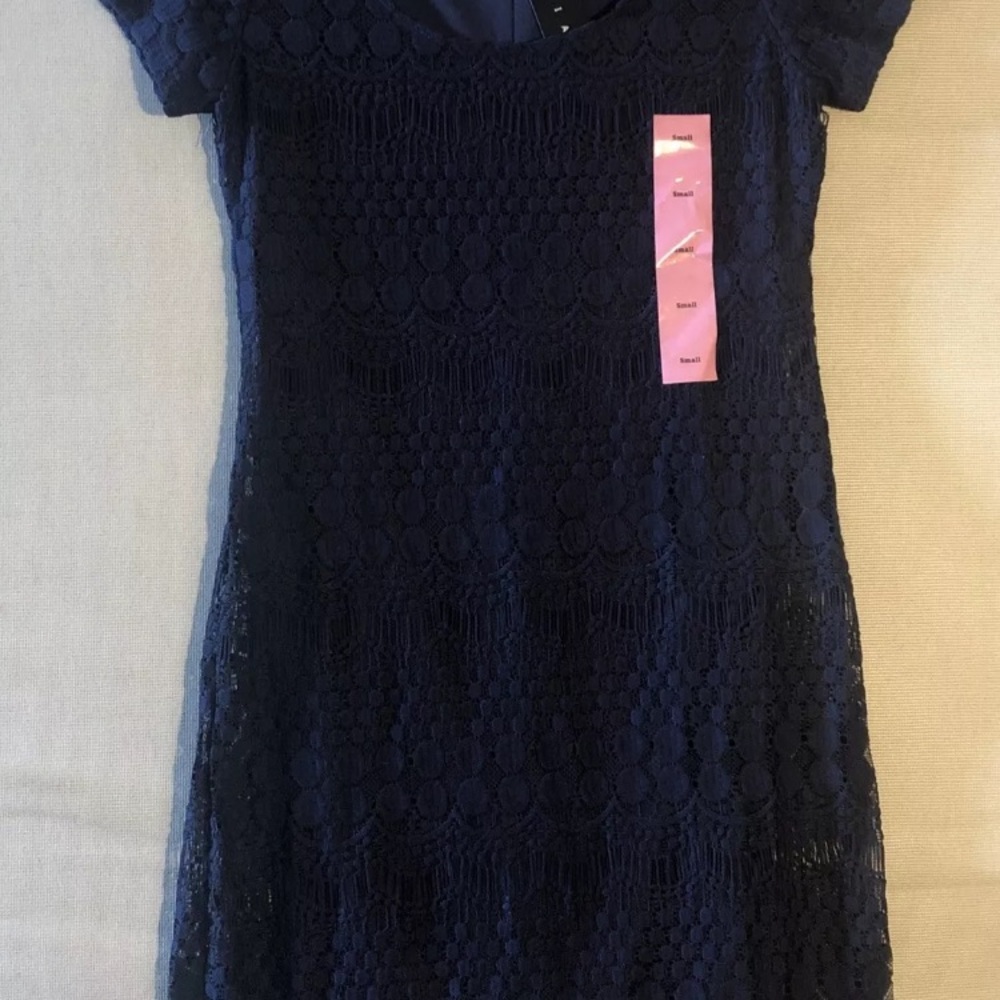Tiana B Sz Small NWT Navy Blue Short Sleeve Lined Lace Dress Stretchy